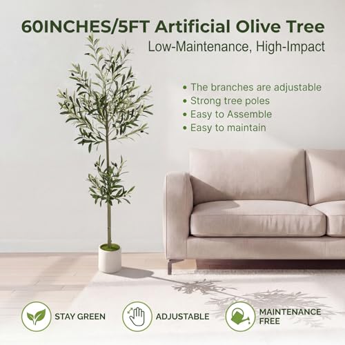 5ft Spherical Fake Olive Tree Artificial Indoor,Faux Olive Tree with Pot,Large Olive Branches and Lifelike Fruits,for Home Office House Living Room Decor. - color: 5ft