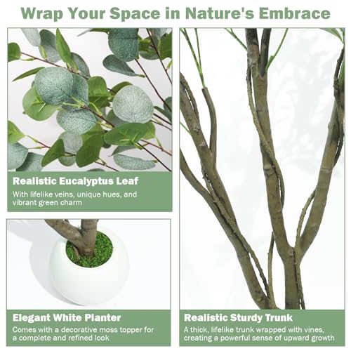 Caxchiling Artificial Eucalyptus Tree 5FT, Fake Tree for Indoor Outdoor, Lifelike Faux Large Floor Plants with Heavy Trunk with Vines and Ball-Shaped Pot, Home Office Living Room Bedroom Doorway Decor - color: Eucalyptus, size: 5ft