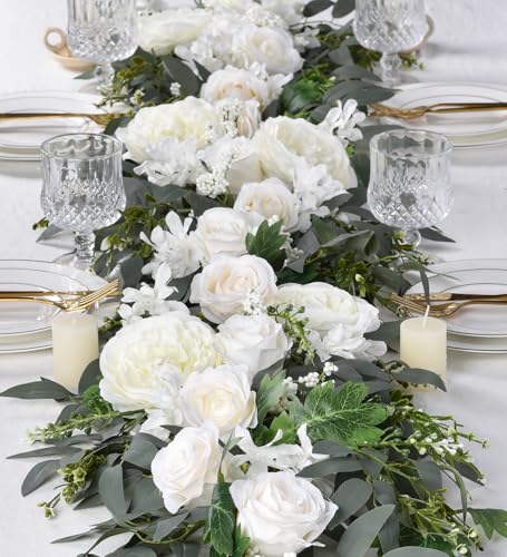 DearHouse 2Pack Artificial Peony Flower Garland - 6ft/Strand Silk Peony Flower Greenery Garland with Fake Willow Leaves for Wedding Ceremony Backdrop Party Table Centerpieces Decor (White) - color: White