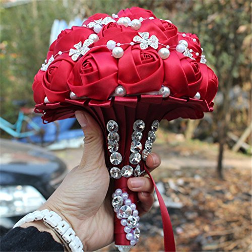 S_SSOY Wedding Bouquet Bride Bridal Brooch Bouquets Bridesmaid Bouquet Diamond Pearl Ribbon Valentine's Day Confession Party Church with Free Corsage Flower, Red - color: Red