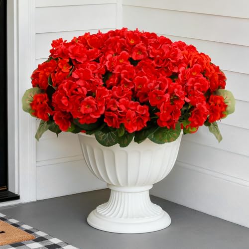 Artificial Geranium Fake Flowers for Outdoor UV Resistant, Outside Spring Red Pink Flower Decoration for Home Kitchen Table Cemetery Garden Planter, Front Door Silk Faux Plants - color: Red, size: 4ps