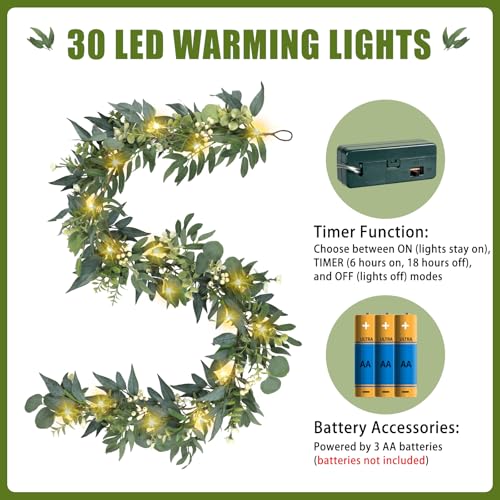 Artgar Eucalyptus Garland with Lights - 6 Ft Greenery Garland - Artificial Silver Dollar Olive Garlands, Spring/Summer Green Garlands for Indoor Outdoor Home Decor Wedding Arches Backdrops Table Decor - color: Eucalyptus Garland