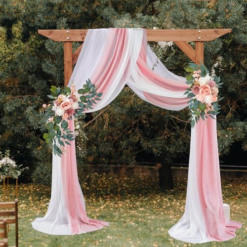 Thiccywoov 4 Pcs Wedding Arch Flowers and Drape Kit Include 2 Artificial Floral Swag and 2 Chiffon Drapes, Faux Flower Set for DIY Wedding Party Reception Ceremony Backdrop Rose Decoration (Pink) - color: Pink