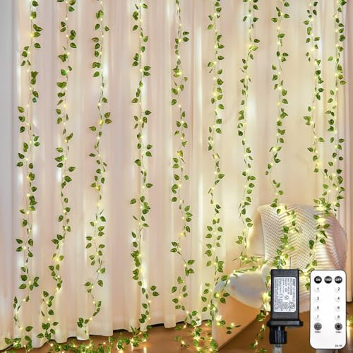 suddus 300 LED Vines with Lights Plug in, 9.8ft x 9.8ft Fairy Lights with Vines, Pothos Curtain Lights for Wall, Bedroom, Dorm, Wedding, Party, Indoor, Outdoor Decor(Warm White) - color: Pothos, size: Plug In-300Led