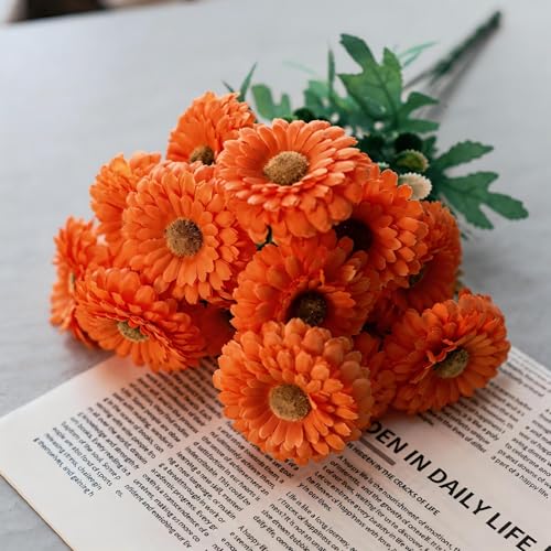 Artificial Mums, Outdoors Faux Fall Flowers Plants for Autumn Home Decor, 10 Bundles Natural Texture Daisy UV Resistant Indoor Festival Decoration for Wedding, Yard, Patio, Porch...(Orange) - color: Orange