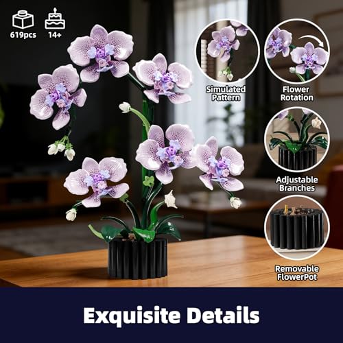Mov stone Botanicals Orchid Building Set for Adults,Fake Orchid Artificial Plant Collection for Home Office Desk Decor,Ideal Gifts for Mother's Day, Anniversary, Birthday for Ages14+