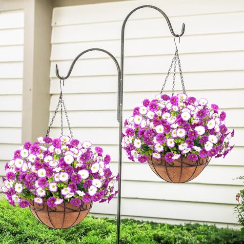 Elyum Artificial Hanging Flowers for Outdoors, Fake Flowers Artificial Petunias Hanging Baskets for Outdoors, UV Resistant Fake Hanging Plants Flowers for Outside Garden Patio Porch Decor - color: Purple&light Purple, size: 1 Pack