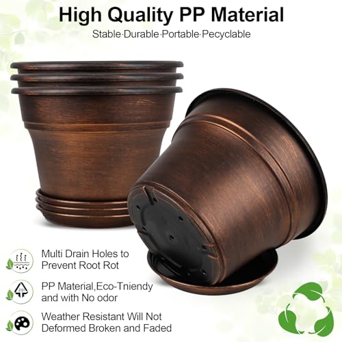 Fodetyff 10 Inch Planters Plant Pots Indoor Outdoor, 4 Pack Plastic Flower Pot for Indoor Plants with Drainage Holes & Trays, Resin Decorative Container Sets with Saucer for House Garden Copper - color: Copper, size: 10 inch-4 pack