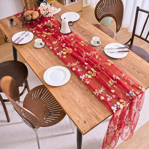 vctops 2 Packs Embroidery Lace Christmas Table Runner 10ft Floral Garden Seasonal Tulle Table Runner Holiday Kitchen Dining Table Decoration for Wedding Party Baby Shower Birthday (Red,30"x120") - color: Red