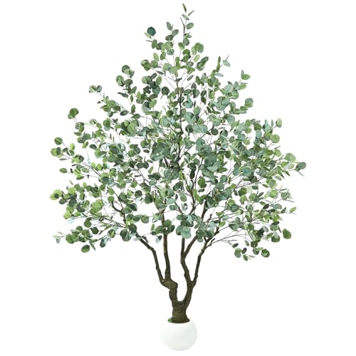 Caxchiling Large Artificial Eucalyptus Tree 8FT, Fake Tree for Indoor Outdoor, Lifelike Tall Floor Plants with Heavy Trunk and Ball-Shaped Pot, Home Office Decor Living Room Bedroom Doorway Hallway - color: Eucalyptus, size: 8ft
