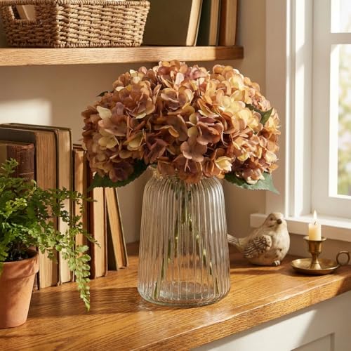5Pcs Artificial Fake Flowers Plants Silk Hydrangea 1 Flower Head Arrangements Wedding Bouquets Decorations Plastic Floral Table Centerpieces Home Kitchen Garden (Brown Yellow) - color: Brown Yellow