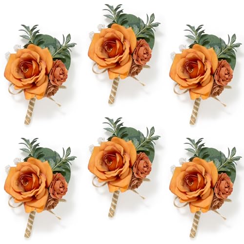 Serwalin 6PCS Orange Rose Boutonniere for Men Wedding Groom Groomsmen Best Man Boutonniere for Wedding Ceremony Anniversary Prom Flowers Formal Dinner Party, Orange - color: Orange, size: Boutonniere 6pcs