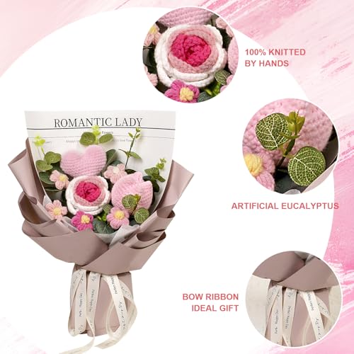 Crochet Flower Bouquet, Crochet Rose Tulip Love Heart Bouquet for Mother's Day, Anniversary, Birthday, Gift for Lover, Girlfriend, Wife, Mom, Pink - color: Zz: Pink - Love Heart