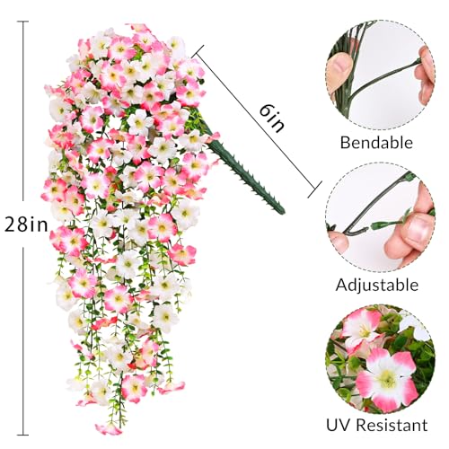 Waipfaru Artificial Petunias Flowers for Outdoors, 2 Pcs UV Resistant Fake Hanging Plants Spring Outside Decor, Faux Silk Flowers Long Trailing Vines for Outdoor Planters Porch Garden (Pink White) - color: Pink, size: 2 PCS
