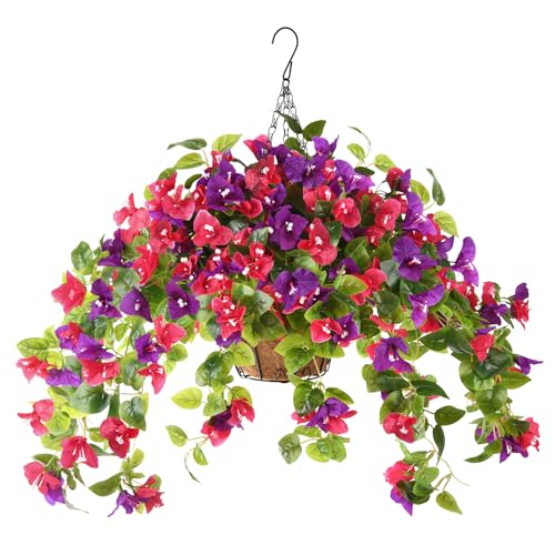 Homsunny Artificial Fake Hanging Flowers Plants Basket for Outdoor Decoration, Faux Silk Flower Bougainvillea Planter Look Real UV Resistant for Home Porch Patio Balcony Yard Spring Decor(Mix Pulple) - color: Mix Purple
