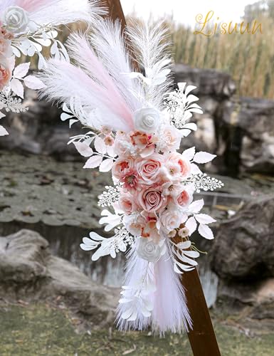 Lisuun Wedding Arch Flowers, Artificial Flowers for Decoration, Large Flower Swag for Boho Styles Wedding Ceremony Floral Decor - Pack of 2 - color: Salmon Pink&pampas White