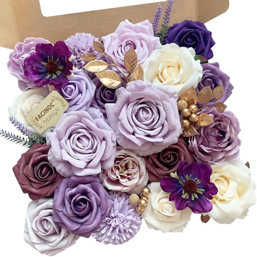FACINOC Roses Artificial Flowers Purple Fake Flower with Stems Bulk for DIY Wedding Bouquets Bridal Baby Shower Centerpiece Table Decorations Silk Faux Floral Arrangements for Party Home Decor Indoor - color: Purple Fake Flowers