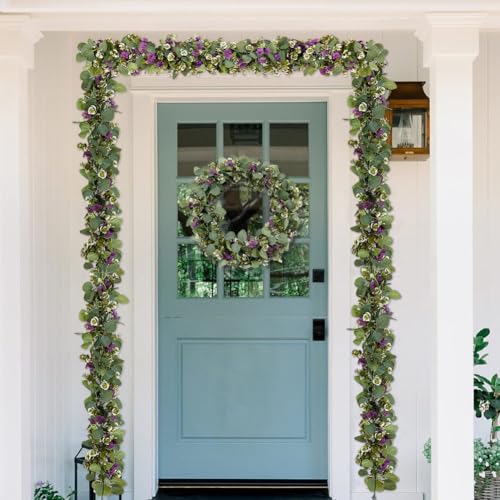 2Pack Eucalyptus Flower Garland with Violet 5.9Ft Artificial Ivy Greenery Hanging Vine Fake Ivy Floral Plants Garland for Wedding Outdoor Garden Party Background Table Runner, Total 11.8Ft, Purple - color: Purple Violet