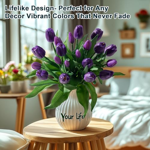 Bailikang 20PCS Fake Tulips 12' Artificial Tulip Silk Flowers Fake PU Bouquet Artificial Flowers Faux Flowers with Gift Box Soft Faux Tulips Bouquets Arrangements for Party Wedding Home - color: Light Purple