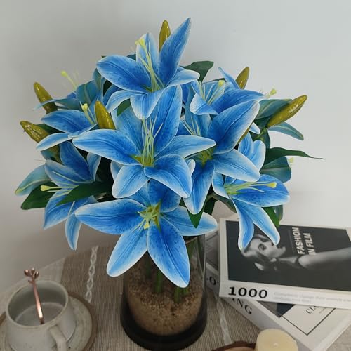 ATFL Artificial Lilies Flowers,9 Pcs Faux Lily Flowers,16''Tiger Lily Branches with 2 Full Blooms and 1 Bud,Faux Fake Lilies Plants for Wedding Bouquet Floral Arrangements (9, Blue) - color: Blue