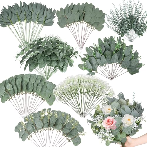200 Pcs 8 Kinds Mixed Artificial Eucalyptus Stems Bulk Fake Silver Dollar Eucalyptus White Seeds Stems Bundle Faux Plants Greenery for DIY Bouquets Floral Arrangement Wedding Engagement Party Decor