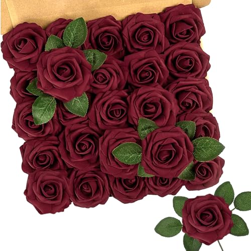 N&T NIETING Artificial Flowers,25Pcs Real Touch Fake Flowers Foam Roses with Stems Perfect DIY Wedding Bouquets Centerpieces Bridal Shower Party Home Flower Arrangement Tables Decorations,Dark Red - color: Dark Red, size: 25pcs