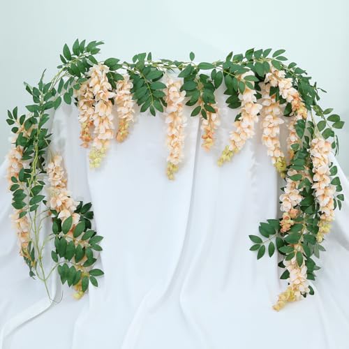 1pc/2pcs Encrypted Flower Vine Wisteria Artificial Flowers Garland,White Wisteria Hanging Flower Garland Decorations for Home Garden Outdoor Ceremony Wedding Arch Decoration (Champagne Color, 1pc) - color: Champagne Color, size: 71 inches