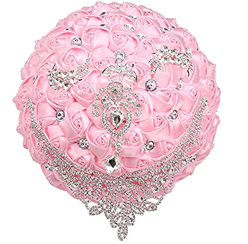 Handmade Luxury Wedding Bridal Bouquet Large Silk Rose Holding Toss Artificial Flowers Bouquets with Satin Ribbon Pearls Rhinestone for Bride Vintage Royal Wedding Bouquet (Pink) - color: Pink