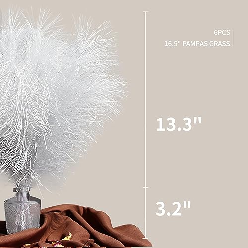 ZIFTY Pampas Grass Silver Decor 6-Pcs 17" Faux Pompas Fluffy Artificial Pompous Grass Fake Flower Bulrush Reed Grass for Vase Filler Ins Style Modern Home Christmas Wedding Decorations(Silver) - color: Silver, size: 17in 6pcs