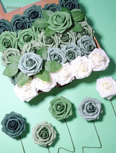 25pcs Artificial Flower，Real Looking Foam Roses w/Stem for DIY Wedding Bouquets Centerpieces Bridal Shower Party Decor-Shades of Army Green - color: Shades of Green