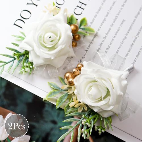 2 Pcs White Wrist Corsage and Boutonniere Set, Rose Corsage Hand for Women, Boutonniere for Men Wedding Flowers Accessories Prom Decor Party Suit Decoration (White) - color: White