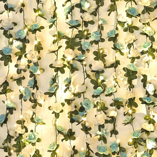 MARTINE MALL Flower Garland Rose Vines, 5 Strands 41Ft Flowers Vines for Bedroom with 33 Ft/100 LED String Lights, Rose Flower Garland Decoration, Rose Floral Garland for Room Table Wedding Decor - color: Blue and White With Lights, size: 5 Packs