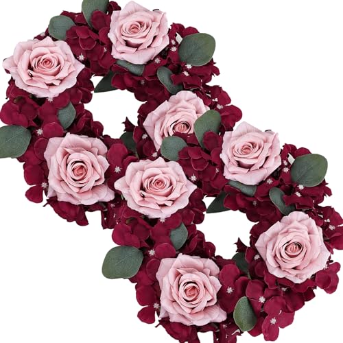 Artificial Flower Candle Rings - 6 Inch Inner Rose Floral Wreaths for Wedding Bridal Event Table Centerpieces Backdrop Decorations (Burgundy & Dusty Pink, 2 X Candle Rings) - color: Burgundy & Dusty Pink, size: 2 X Floral Wreaths