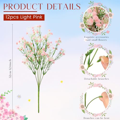 Lyrow 12 Pcs Spring Babys Breath Flowers Wedding Artificial Flowers Bulk Fake Gypsophila Babys Breath Bouquet Sprays Faux Floral for Home Vase Floral Arrangement Mother's Day Decor(Light Pink) - color: Light Pink