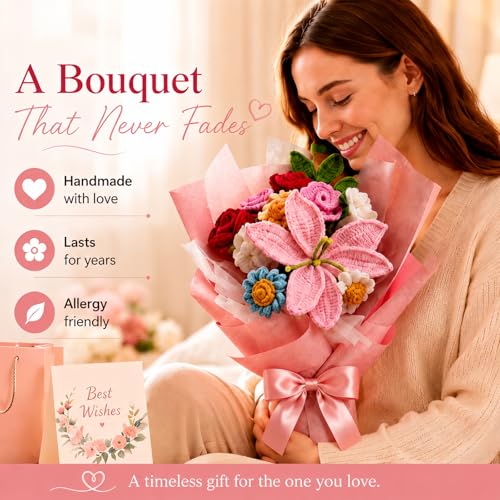 Handmade Crochet Flowers Pink Lily Bouquet with Roses and Daisies - 11 Stems Artificial Plant for Wife, Mother, Lover - Anniversary Birthday Graduation Valentine's Day Gift Wedding Home Decor - color: Pink