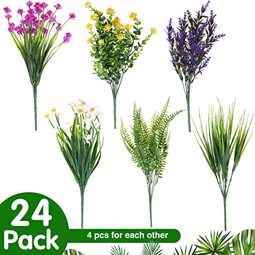 Cindeer 24 Bundles Artificial Flowers Planters Bulk for Outdoors, UV Resistant Artificial Fake Greenery Plastic Faux Flowers Plant Outdoor Indoor Spring Summer for Decors Wedding(Lively Color) - color: Lively Color