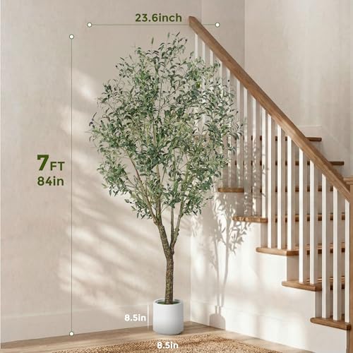 Jocoevol Olive Tree Artificial Indoor 7FT，Tall Faux Olive Tree with White Planter，Realistic Artificial Olive Tree Indoor with Natural Trunk and Lifelike Fruits for Home Office Living Room - size: 7ft