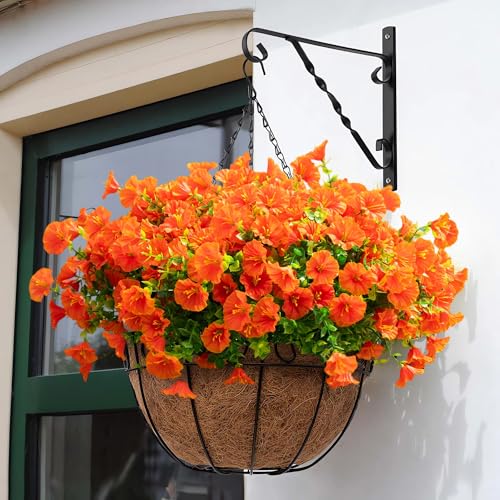 Artificial Flowers for Outdoor Decoration,16 Bundles Fake Silk Realistic Orange Morning Glory UV Resistant Faux Plastic Plants for Planter Porch Patio Yard Balcony(Orange Red) - color: Orange Red