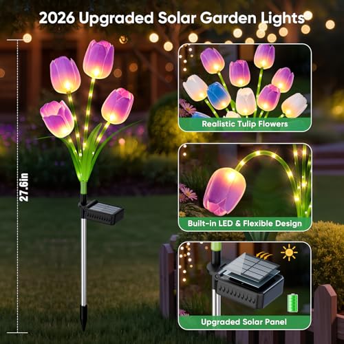 Solar Tulip Lights Outdoor Waterproof: 6 Pack 6 Color Solar Flower Garden Lights with Bendable Stems - 800mAh for 12H Lighting Auto On/Off - Garden Gifts for Mom - Patio Porch Yard Lawn Decor - color: Orange+Pink+Yellow+Blue+Purple+White