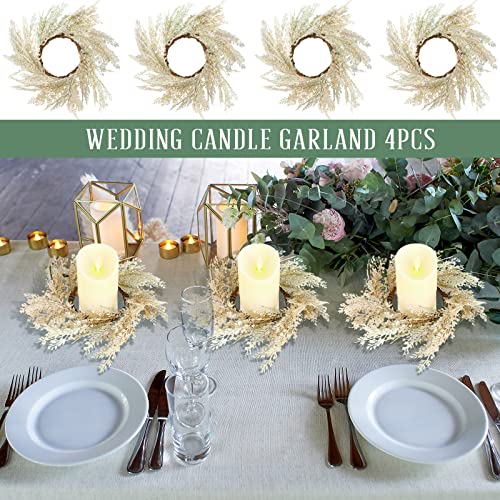 Panelee 4 Pcs Pampas Grass Candle Rings Wreath Faux Pampas Grass Candleholders 3.9 Inch Small Boho Wreath Artificial Greenery Candle Rings for Wedding Home Decor Fall Tabletop Farmhouse Decor