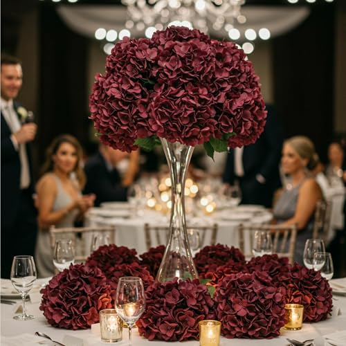 Auihiay 10PCS Hydrangea Artificial Flowers, Faux Burgundy Flower for Wedding Centerpieces, DIY Bouquets, Bridal Shower, Floral Decor Home Decoration with Stems (VASE NOT Included) - color: Burgundy