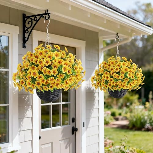 VIERENA 2 Sets Artificial Morning Glory and Eucalyptus Hanging Basket for Outdoor, UV-Resistant Fake Flower Hanging Basket, Suitable for Porch, Aisle, Garden, Patio, Eaves Decor (Yellow) - color: Yellow
