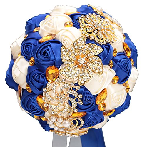 Handmade Wedding Bouquets for Bride Bridesmaid Brooch Artificial Holding Flower Tossing Bouquet（Ivory/Royal Blue,21cm,1PC - color: Ivory/Royal Blue, size: 21CM/8.3''