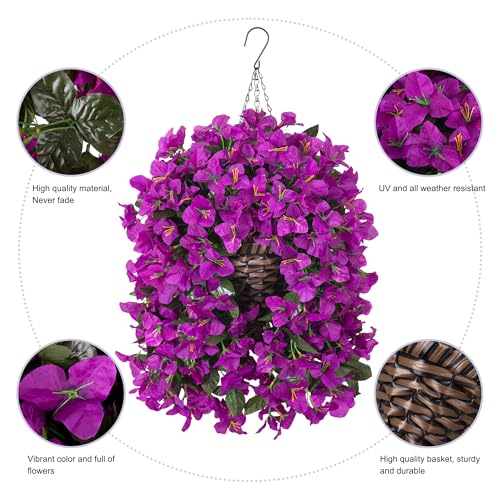 Ivydale Bougainvillea Artificial Flowers Hanging Basket for Outdoors Spring Decoration, 3pcs Silk Flowers Fake Plants Long Vines Look Real UV Resistant for Yard Porch Patio Home, Fuchsia - color: Fuchsia