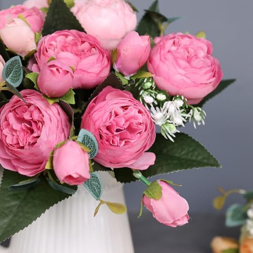 Artificial Peony Flowers Silk Peony Rose Real Touch Fake Flowers 3pcs Single Stem with 5 Heads Bouquet for Home Wedding Party Decoration (Pink) - color: Pink