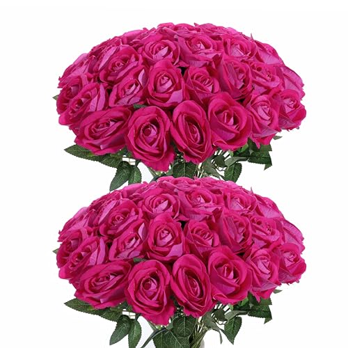 50Pcs Pink Roses Artificial Flowers Fake Rose Faux Velvet Silk Flowers for Home Wedding Decoration (Pearl Roses - Hot Pink) - color: Pearl Roses - Pink Hot 50p