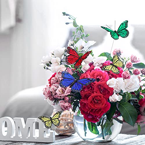 24 Pcs Monarch Butterfly Decorations 4 Size Artificial Monarch Feather Fake Butterfly Picks Crafts with Wire for Wall Flower Pot Spring Floral Party Home Decor(Bright Colors) - color: Bright Colors