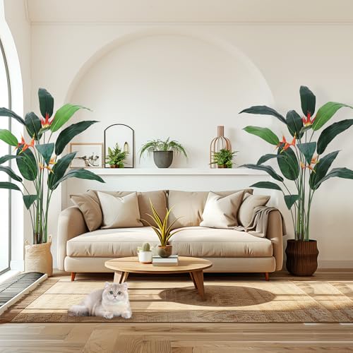Artificial Bird of Paradise Tree 6 ft(72 in) Fake Palm Tree for Indoor Outdoor Modern Decor Faux Plants for Home Office Perfect Housewarming Gift with 14 Trunks Faux Leaves and 3 Flowers 2 Pack
