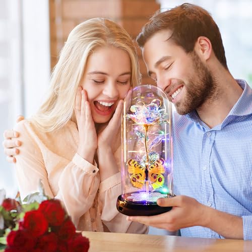Mothers Day Rose Gifts for Mom Birthday Gift for Women, Rechargeable Galaxy Glass Rose in Glass Dome Colorful Crystal Flower Butterfly Mother's Day Flowers Gifts for Women Mom Wife Grandma Daughter - color: Usb-a Gold