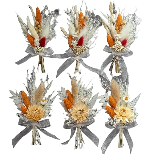 xin's convey Mini Dried Flower Set (Pack of 6), Orange Small Bouquet, Pampas Small Bouquet, Party Plate Decoration, Bridesmaid Flower Girl Proposal Box, Birthday Cake Decoration (Terracotta) - color: Orange